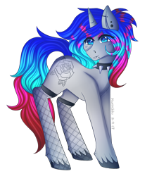 Size: 2466x2729 | Tagged: safe, artist:kurochhi, oc, oc only, oc:neon wave, pony, unicorn, art trade, choker, ear piercing, female, fishnet stockings, mare, multicolored hair, nose piercing, nose ring, piercing, simple background, solo, spiked choker, transparent background