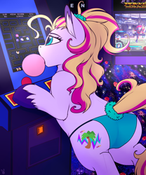 Size: 2500x3000 | Tagged: safe, artist:meggchan, oc, oc only, oc:radical bay, earth pony, pony, arcade, bubblegum, clothes, female, food, gum, mare, pac-man, panties, plot, pokkén tournament, pokémon, scrunchie, solo, underwear, video game