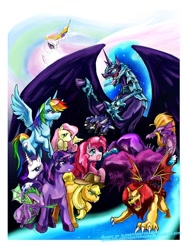 Size: 800x1070 | Tagged: safe, artist:slifertheskydragon, applejack, fluttershy, manny roar, nightmare moon, pinkie pie, princess celestia, rainbow dash, rarity, spike, steven magnet, twilight sparkle, alicorn, dragon, earth pony, manticore, pegasus, pony, unicorn, female, male, mane seven, mane six, mare