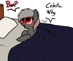 Size: 1280x1070 | Tagged: safe, artist:neuro, oc, oc only, oc:alarmie, object pony, original species, pony, alarm, alarm clock, alarm clock pony, bed, clock, female, glowing eyes, implied anon, mare, ponified, solo, tongue out