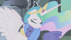 Size: 853x480 | Tagged: safe, screencap, princess celestia, princess luna, alicorn, pony, animation error, neck nuzzle, nuzzling, s1 luna