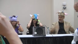 Size: 1366x768 | Tagged: safe, discord, princess celestia, twilight sparkle, human, bronycon, irl, irl human, john de lancie, lauren faust, photo, tara strong