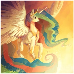 Size: 731x731 | Tagged: safe, artist:caramelbrulee, princess celestia, alicorn, pony, dawn, flying, smiling, solo, spread wings, wings