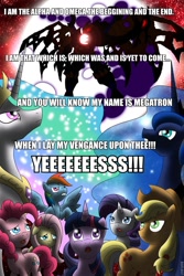 Size: 640x960 | Tagged: safe, artist:atomic-chinchilla, edit, applejack, fluttershy, pinkie pie, princess celestia, princess luna, rainbow dash, rarity, twilight sparkle, alicorn, earth pony, pegasus, pony, unicorn, beast wars, crossover, mane six, megatron, transformers