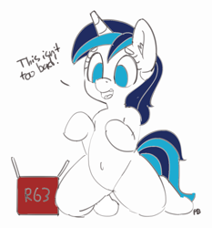 Size: 1280x1371 | Tagged: source needed, safe, artist:pabbley, gleaming shield, shining armor, pony, unicorn, anatomically incorrect, belly button, box, colored, cute, dialogue, ear fluff, gleamibetes, happy, implied transgender transformation, incorrect leg anatomy, kneeling, open mouth, rule 63, rule63betes, shining adorable, simple background, smiling, solo, white background