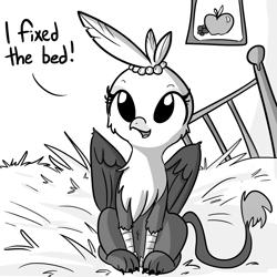 Size: 1280x1280 | Tagged: safe, artist:tjpones, oc, oc only, oc:gerdie, griffon, horse wife, apple, bed, birds doing bird things, cute, dialogue, female, food, grapes, grayscale, griffon oc, griffons doing bird things, looking at you, monochrome, nest, nesting instinct, open mouth, picture, property damage, sitting, smiling, solo