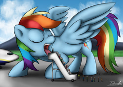 Size: 1200x848 | Tagged: safe, artist:made-in-donuts, rainbow dash, human, pony, airplane dash, comments locked on derpi, escalator, eyes closed, fetish, giant pony, imminent vore, it's a trap, kids, macro, open mouth, people, plane, ponies eating humans, preddash, remake, signature, spread wings, wat