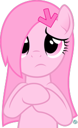 Size: 1400x2282 | Tagged: safe, artist:arifproject, oc, oc only, oc:downvote, earth pony, pony, derpibooru, derpibooru ponified, frown, hairclip, meta, pink, ponified, recolor, simple background, solo, transparent background, vector