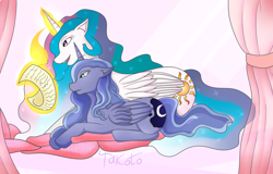 Size: 1200x770 | Tagged: safe, artist:takoto, princess celestia, princess luna, alicorn, pony, crown, female, horn, mare, siblings, sisters