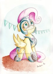 Size: 1024x1423 | Tagged: safe, artist:aphelionmars, fluttershy, pegasus, pony, floppy ears, jousting outfit, looking up, nervous, scared, solo, traditional art, watercolor painting