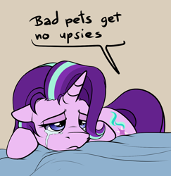 Size: 1096x1129 | Tagged: safe, artist:duop-qoub, starlight glimmer, pony, unicorn, :<, bad pony, crying, cute, dialogue, female, floppy ears, frown, glimmerbetes, heartbreak, leaning, lidded eyes, mare, moral event horizon, offscreen character, pet glimmer, pony pet, pure unfiltered evil, sad, sadlight glimmer, solo, upsies