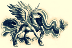 Size: 1200x806 | Tagged: safe, artist:gonedreamer, princess celestia, alicorn, pony, glowing eyes, grayscale, solo