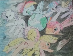 Size: 1442x1114 | Tagged: safe, artist:artmagic15, applejack, fluttershy, pinkie pie, rainbow dash, rarity, twilight sparkle, earth pony, pegasus, pony, unicorn, earth, giant pony, macro, mane six, pony bigger than a planet, space, traditional art