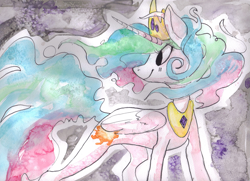 Size: 1399x1015 | Tagged: safe, artist:kitten-kites, princess celestia, alicorn, pony, solo, traditional art, watercolor painting