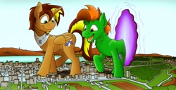 Size: 1600x816 | Tagged: dead source, safe, artist:fandroit, oc, oc only, oc:brightmind, oc:fandroit, earth pony, pony, city, crushing, destruction, doomsday, giant pony, growth, macro, male, mega giant, portal, rampage, stallion, stomping