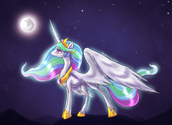 Size: 1280x934 | Tagged: safe, artist:rriava, princess celestia, alicorn, pony, glow, mare in the moon, moon, solo, stars