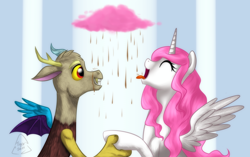 Size: 1480x932 | Tagged: safe, artist:cat-cly, artist:melancholysanctuary, discord, princess celestia, alicorn, pony, dislestia, female, male, shipping, straight