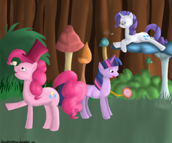 Size: 3000x2500 | Tagged: safe, artist:stacheldrahtzaun, pinkie pie, rarity, twilight sparkle, unicorn twilight, earth pony, pony, unicorn, alice in wonderland, cup, female, forest, hat, magic, mare, micro, monocle, mushroom, pocket watch, smoking, teacup, telekinesis, top hat, trio