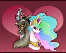 Size: 1222x990 | Tagged: safe, artist:mn27, discord, princess celestia, alicorn, pony, dislestia, female, interspecies, male, shipping, straight