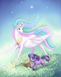 Size: 721x900 | Tagged: safe, artist:yiuokami, princess celestia, twilight sparkle, unicorn twilight, alicorn, pony, unicorn, book, duo, duo female, female, filly, filly twilight sparkle, foal, mare, running, younger