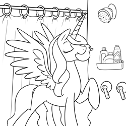 Size: 1500x1500 | Tagged: safe, artist:madmax, princess celestia, alicorn, pony, black and white, color me, eyes closed, female, grayscale, lineart, mare, monochrome, mouth hold, raised hoof, rubber duck, shower, solo, spread wings, wings