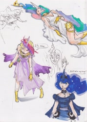 Size: 2326x3269 | Tagged: safe, artist:asterdog, princess cadance, princess celestia, princess luna, queen chrysalis, twilight sparkle, a canterlot wedding, dialogue, high res, humanized, injured, scene interpretation, sketch dump, traditional art