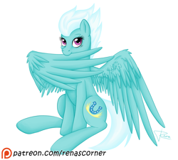 Size: 2000x1800 | Tagged: safe, artist:puggie, fleetfoot, cute, diafleetes, feather, looking at you, patreon, patreon logo, patreon reward, preening, simple background, sitting, solo, white background, wings, wonderbolts