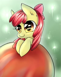 Size: 1600x2000 | Tagged: safe, artist:aquagalaxy, artist:spidershii, apple bloom, adorabloom, apple, cute, food, giant apple, leaning, micro, smiling, solo, sparkles