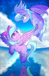 Size: 770x1190 | Tagged: safe, artist:kawaiipony2, cloudchaser, flitter, pegasus, pony, blushing, cloud, constellation, cute, cutechaser, duo, eye contact, female, flitterbetes, flying, looking at each other, mare, open mouth, reflection, sisters, sky, smiling, smiling at each other, spread wings, starry night, stars, water