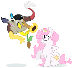 Size: 1000x918 | Tagged: safe, artist:egophiliac, discord, princess celestia, alicorn, pony, dislestia, female, male, pink-mane celestia, shipping, straight, young, younger