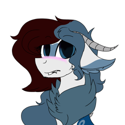 Size: 2560x2560 | Tagged: safe, artist:brokensilence, oc, oc only, oc:mira songheart, draconequus, blushing, chest fluff, cute, draconequified, horns, reaction image, simple background, solo, species swap, transparent background, w-what?