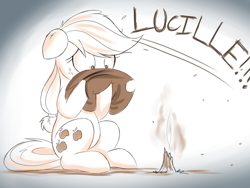 Size: 1280x960 | Tagged: safe, artist:ncmares, applejack, earth pony, pony, big-apple-pony, broken, covering, cowboy hat, dialogue, giant pony, hat, macro, monochrome, shocked, sitting, solo, stetson, this ended in tears, tree