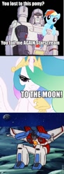 Size: 355x960 | Tagged: safe, princess celestia, rainbow dash, alicorn, pegasus, pony, banishment, exile, humiliation, karma, megatron, starscream, to the moon, transformers