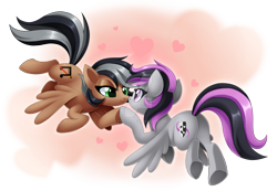 Size: 1600x1104 | Tagged: safe, artist:centchi, oc, oc only, oc:artsong, oc:thespia, pegasus, pony, female, heart, lesbian, mare, nuzzling, oc x oc, shipping, watermark