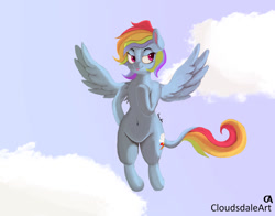 Size: 900x706 | Tagged: safe, artist:cloudsdaleart, rainbow dash, pegasus, pony, belly button, chest fluff, cloud, flying, solo, tongue out