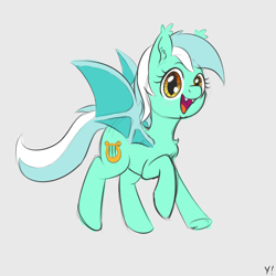 Size: 1000x1000 | Tagged: safe, artist:yakoshi, lyra heartstrings, bat pony, pony, blushing, chest fluff, cute, ear fluff, flying, gray background, happy, looking at you, open mouth, race swap, simple background, smiling, solo, spread wings, underhoof