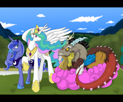 Size: 765x634 | Tagged: safe, artist:himanuts, discord, princess celestia, princess luna, alicorn, draconequus, pony, cloud, cotton candy, cotton candy cloud, female, food, male