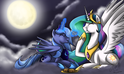 Size: 1880x1124 | Tagged: safe, artist:cat-cly, princess celestia, princess luna, alicorn, pony, duo, female, mare, s1 luna, sisters