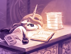 Size: 1000x750 | Tagged: safe, artist:kp-shadowsquirrel, princess celestia, alicorn, pony, female, mare, monochrome, paperwork, solo, tired