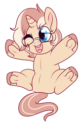 Size: 500x752 | Tagged: safe, artist:lulubell, oc, oc only, oc:lulubell, pony, unicorn, chubby, female, filly, freckles, glasses, solo, underhoof, younger