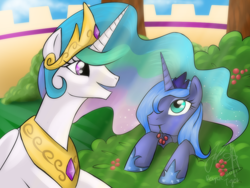 Size: 1024x768 | Tagged: safe, artist:cat-cly, princess celestia, princess luna, alicorn, pony, s1 luna, sisters