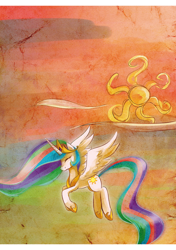 Size: 634x900 | Tagged: safe, artist:sunstice, princess celestia, alicorn, pony, crown, eyes closed, female, flying, hoof shoes, jewelry, mare, regalia, spread wings, wings