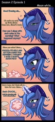 Size: 659x1456 | Tagged: safe, artist:jinzhan, princess celestia, princess luna, alicorn, pony, the return of harmony, chocolate, chocolate milk, comic, cotton candy, female, hat, mare, milk, morning ponies, nightcap, s1 luna