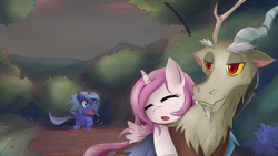 Size: 1024x576 | Tagged: safe, artist:jinzhan, discord, princess celestia, princess luna, alicorn, pony, code geass, woona