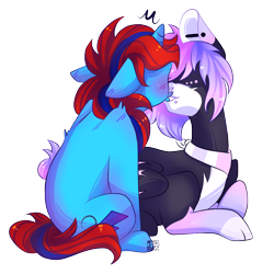 Size: 1700x1700 | Tagged: safe, artist:mentalphase, oc, oc only, pegasus, pony, unicorn, blushing, female, floppy ears, kissing, lip piercing, mare, nose piercing, piercing, simple background, transparent background