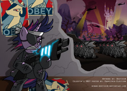 Size: 800x570 | Tagged: safe, artist:niban-destikim, princess celestia, twilight sparkle, alicorn, pony, armor, bipedal, future twilight, gun, weapon