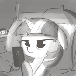 Size: 792x792 | Tagged: safe, artist:tjpones, twilight sparkle, pony, 30 minute art challenge, bed, cellphone, clock, floppy ears, grayscale, lying down, monochrome, on back, phone, pillow, sleepy, smartphone, solo, tired