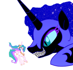 Size: 1000x959 | Tagged: artist needed, safe, artist:mr square, edit, nightmare moon, princess celestia, alicorn, pony, grin, macro, micro, sharp teeth, simple background, smiling, transparent background