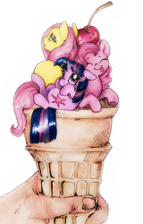 Size: 631x978 | Tagged: safe, artist:buttersprinkle, fluttershy, pinkie pie, twilight sparkle, human, pony, :p, cherry, cup of pony, cute, eyes closed, floppy ears, food, hand, ice cream, ice cream cone, looking at you, looking back, micro, nose wrinkle, on back, pony pile, size difference, smiling, tiny ponies, tongue out, traditional art