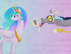 Size: 900x689 | Tagged: safe, artist:celestiathegreatest, discord, princess celestia, alicorn, pony, dislestia, female, jojo, male, shipping, song reference, straight, too little too late